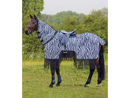 Síťovaná jezdecká deka Zebra Waldhausen, s krkem a třásněmi (Velikost 125 cm, Barva black/white)